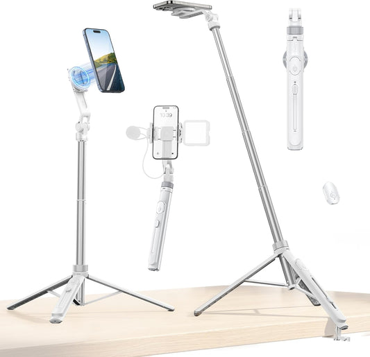 ULANZI TT88 Magnetic Tripod for iPhone, 57" Extendable Selfie Stick with Remote, 2-in-1 Phone Clip & Dual Cold Shoe Mounts-Lightweight Phone Tripod Stand for Vlogging, Travel, Video Recording (White)