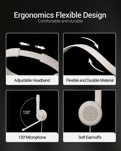 USB Headset with Microphone for PC - Wired Computer Headphones with Noise Cancelling Microphone for Home Office Online Class Skype Zoom Meetings