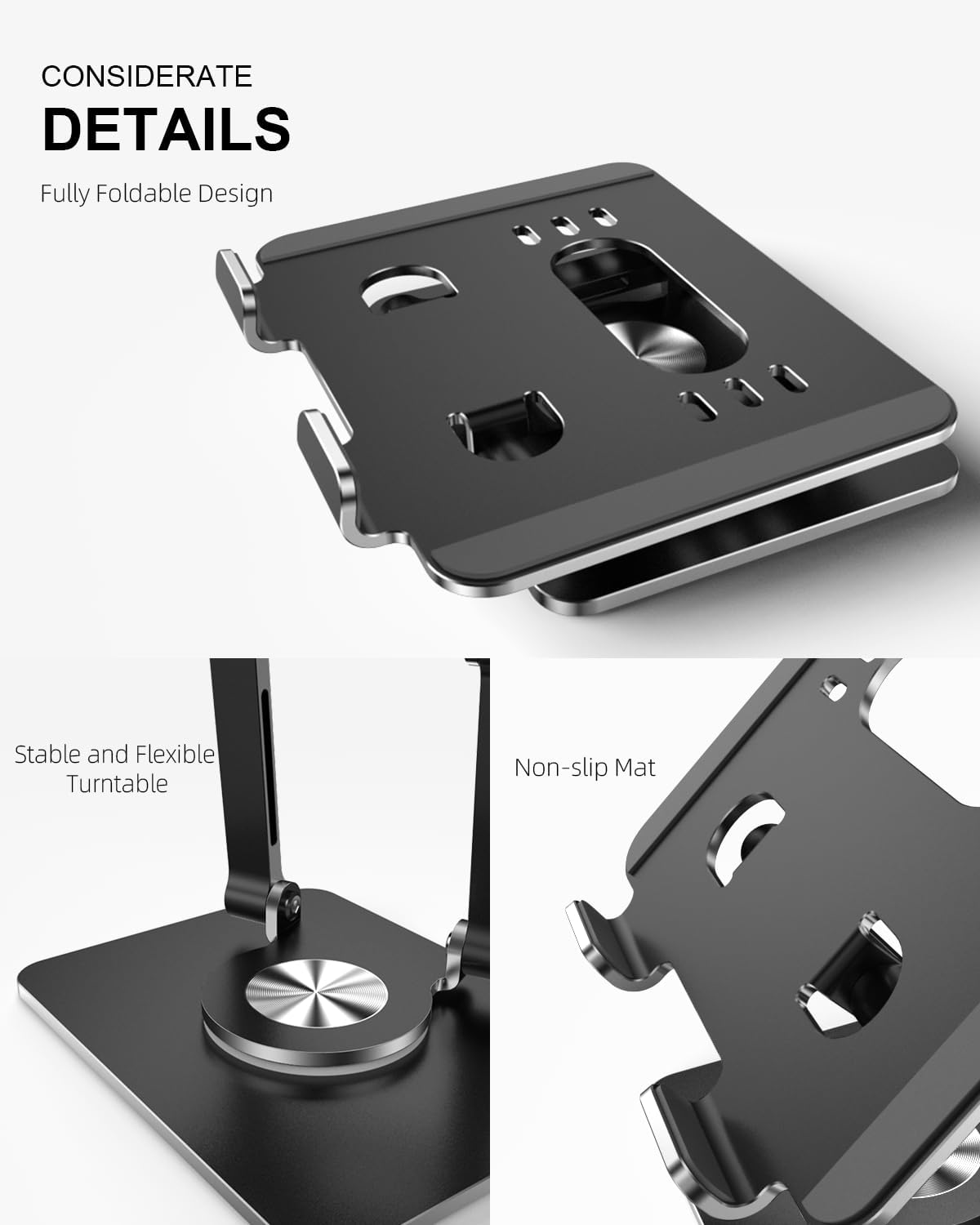 Tablet Stand Holder with Thickened 360°Rotating Base Dual Rod Adjustable Aluminum Stand for All 5.8-12.9” iPad Samsung Phone Tablet Kindle E-Reader and More, Black