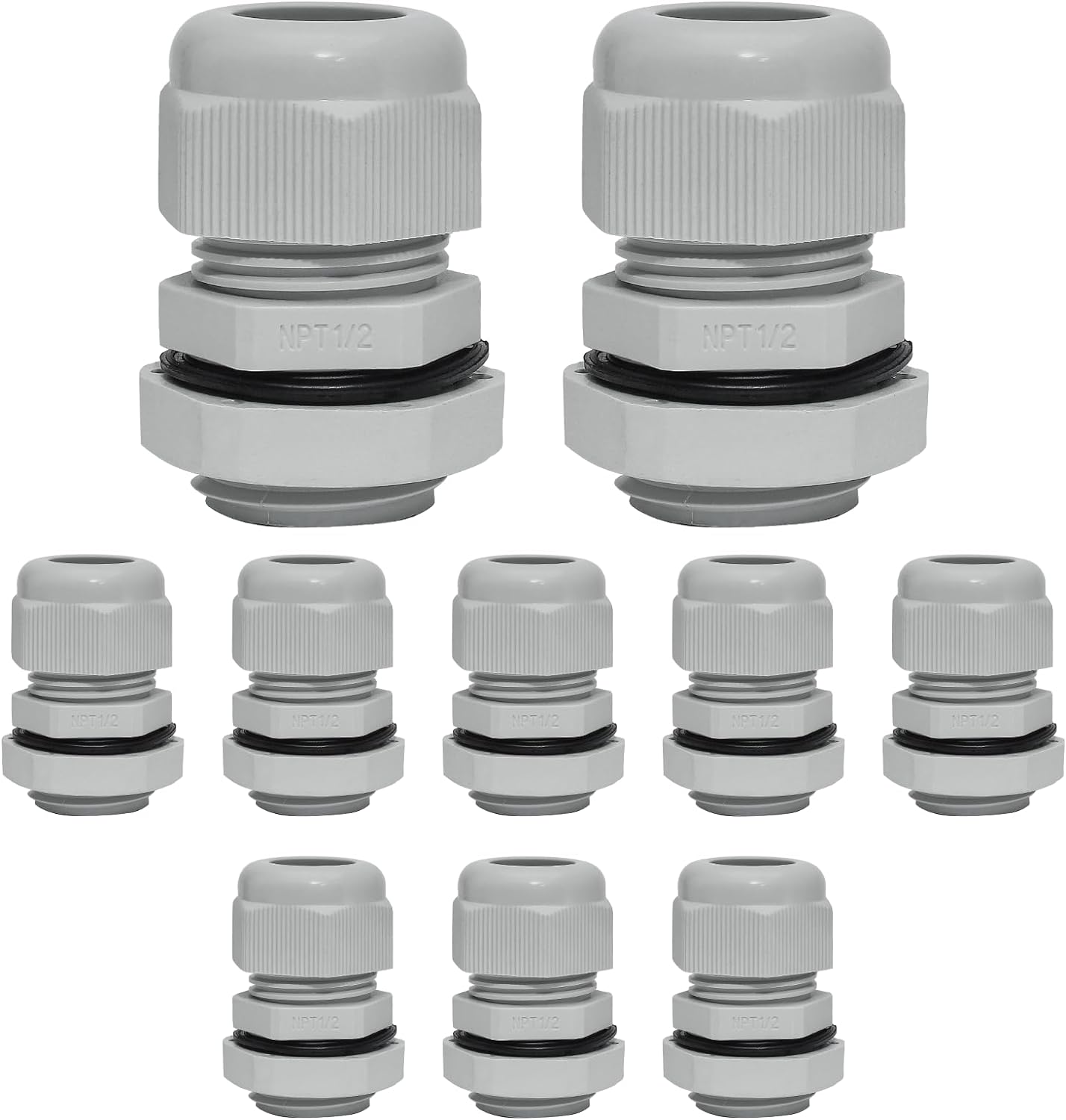 10 Pcs 1/2" NPT Nylon Cable Glands, IP68 Waterproof Adjustable Cord Grip Cable Connector Strain Relief Wire Protectors for 6-12mm Cable Diameter, Grey