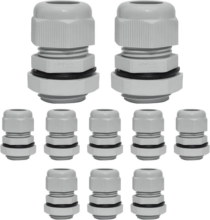 10 Pcs 1/2" NPT Nylon Cable Glands, IP68 Waterproof Adjustable Cord Grip Cable Connector Strain Relief Wire Protectors for 6-12mm Cable Diameter, Grey