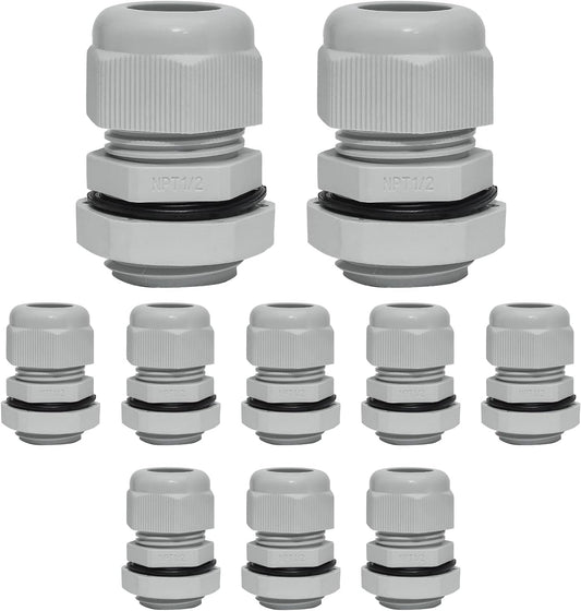 10 Pcs 1/2" NPT Nylon Cable Glands, IP68 Waterproof Adjustable Cord Grip Cable Connector Strain Relief Wire Protectors for 6-12mm Cable Diameter, Grey