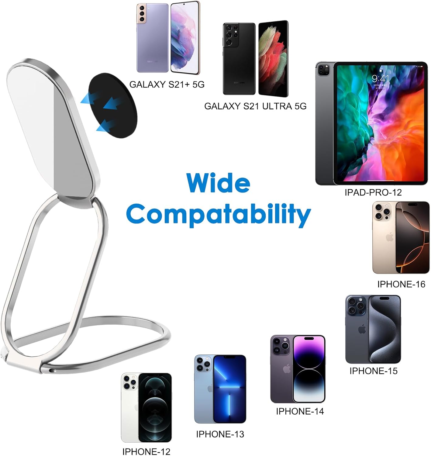 Phone Ring Holder Finger Kickstand, 360° Rotation Metal Phone Grip for Magnetic Car Mount Foldable Cell Phone Stand Compatible with Most Smartphones Silver