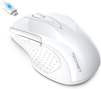 TECKNET Rechargeable Jiggler Wireless Mouse (BT5.0/3.0 & 2.4G) 4800 DPI Silent USB A & Bluetooth Mouse 6 Buttons, Wide Compatibility - White