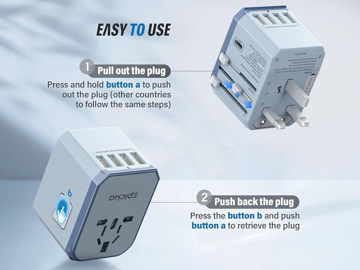 EPICKA European Travel Plug Adapter, Universal Travel Adapter - International Power Adapter Worldwide Charger with USB-C & 4 USB-A Ports, Travel Essentials for Italy, Japan, Europe, UK (TA-105, Blue)