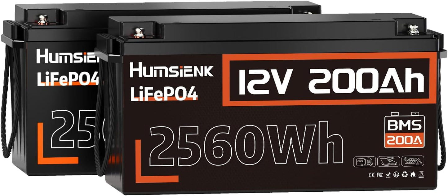2PACK 12V 200Ah LiFePO4 Battery, Built-in 200A BMS, Rechargeable Deep Cycles DIY Battery, 2560Wh Lithium Battery for Off-Grid and Home Solar System, Marine, Trailer, RV