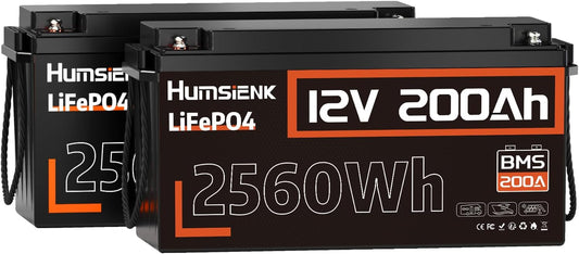 2PACK 12V 200Ah LiFePO4 Battery, Built-in 200A BMS, Rechargeable Deep Cycles DIY Battery, 2560Wh Lithium Battery for Off-Grid and Home Solar System, Marine, Trailer, RV