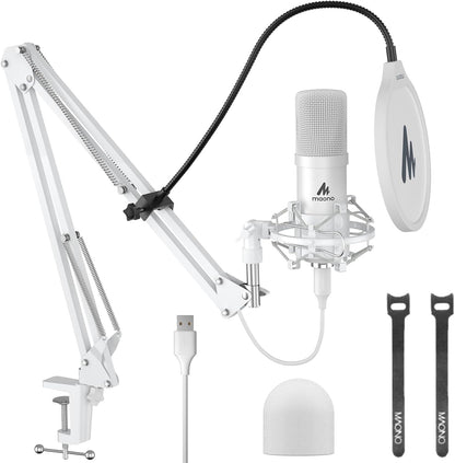 MAONO USB Microphone, 192kHz/24bit Plug & Play PC Computer Podcast Condenser Cardioid Metal Mic Kit with Professional Sound Chipset for Recording, Gaming, Singing, YouTube, AU-A04 White