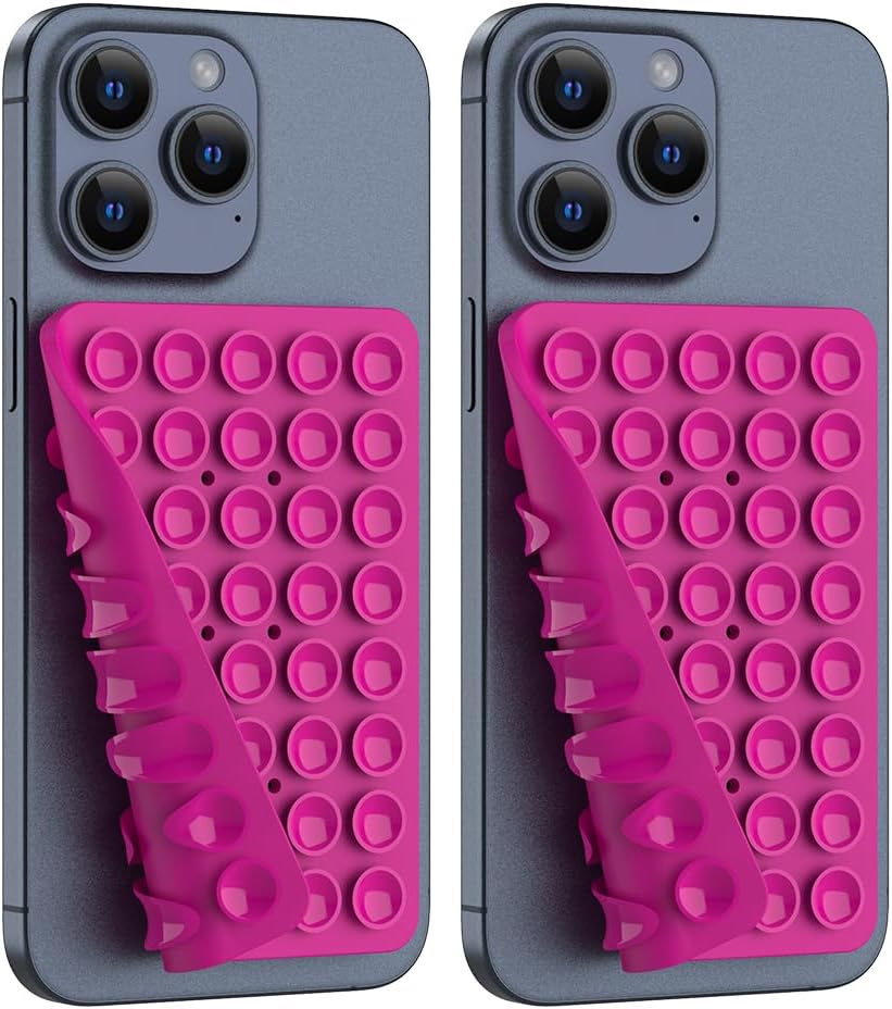 2PACK Silicone Double Sided Suction Phone Case Mount, Detachable Hands Free & Strong Grip Holder for Selfies & Videos, Compatible iPhone Android (Rose Red, 2Pack 40 Suction Cups)