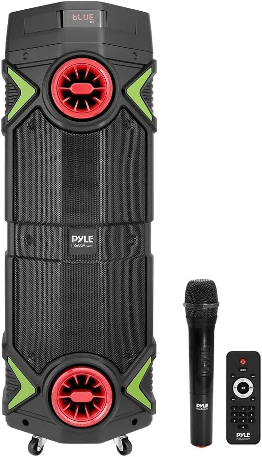 Pyle Portable Bluetooth PA Speaker - 400W Dual 8” Rechargeable Indoor/Outdoor BT Karaoke Audio System-Party Lights, LED Display, FM/AUX/MP3/USB/SD, 1/4" in,Handle, Wheels-Wireless Mic, Remote Control