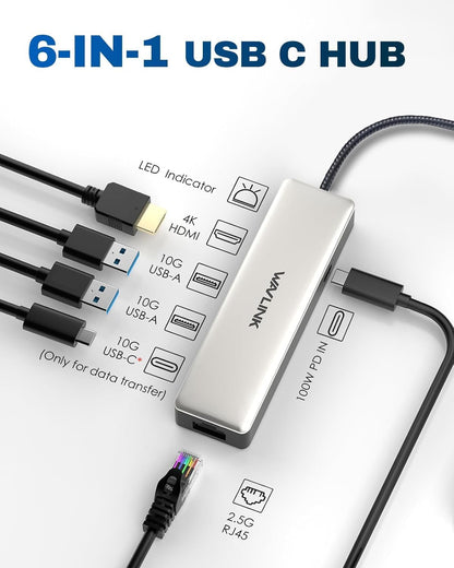 USB C Hub 2.5G Ethernet, WAVLINK 10Gbps USB C 3.2 Hub with 100W Power Delivery, 4K@120Hz HDMI 2.1, 3*USB3.2 Gen 2, 2.5G RJ45 Ports, Fit for MacBook Pro/Air iPad Dell HP Lenovo Asus Acer