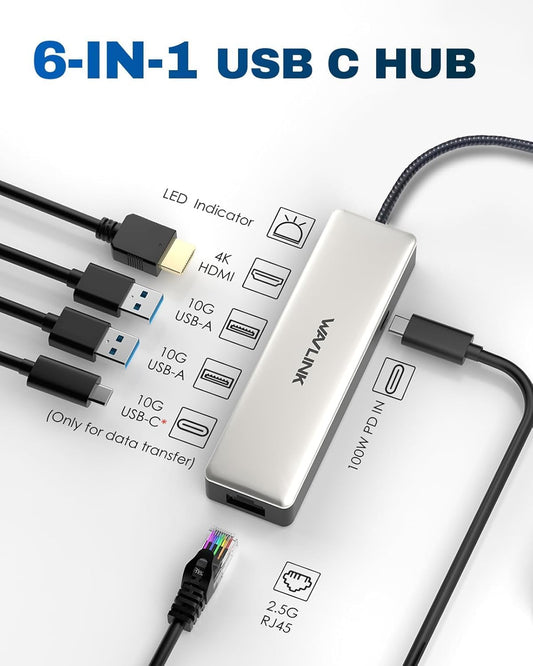 USB C Hub 2.5G Ethernet, WAVLINK 10Gbps USB C 3.2 Hub with 100W Power Delivery, 4K@120Hz HDMI 2.1, 3*USB3.2 Gen 2, 2.5G RJ45 Ports, Fit for MacBook Pro/Air iPad Dell HP Lenovo Asus Acer
