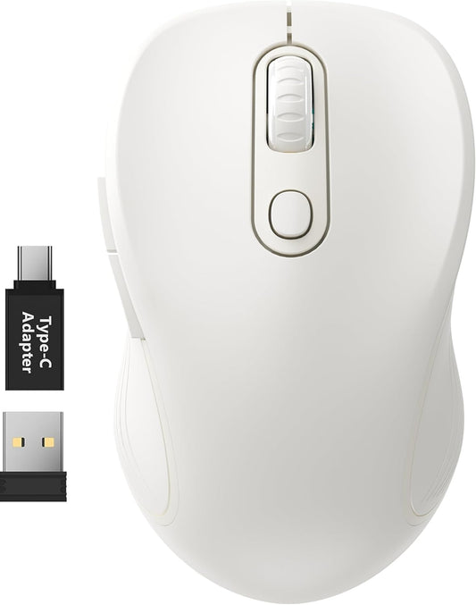 WisFox 2.4G Wireless Mouse for Laptop, Ergonomic Computer Mouse with USB Receiver and Type-C Adapter, 3 Adjustable Levels DPI, 6 Button Cordless Wireless Mice (White)