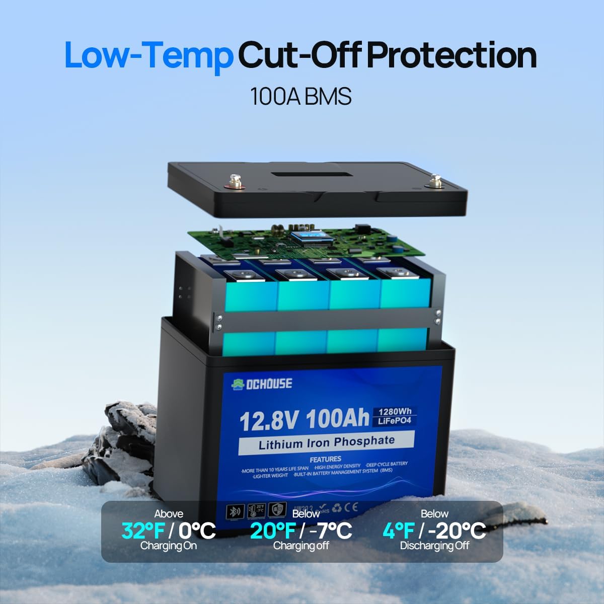 DC HOUSE 12V 100Ah LiFePO4 Trolling Motors Battery with SOC Status Indicators, Bluetooth & Low Temp Cut-Off, 100A Smart BMS, Up to 15000 Cycles for RV, Marine, Boat, Solar Off-Grid