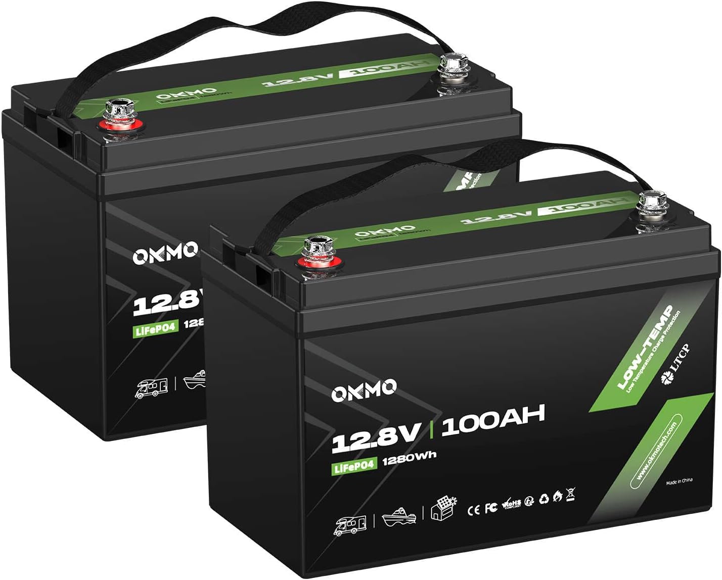 OKMO 12V 100Ah LiFePO4 Battery(2 Pack), Lithium Battery 100A BMS, 10 Years Lifetime 15000+ Deep Cycles,for Marine, RV, Trolling Motor, Boat, Camper, Solar Home Iron Phosphate
