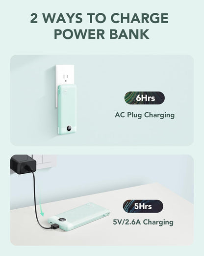 VRURC Portable Charger Built-in Cables and AC Wall Plug, USB C Power Bank 10000mAh, Travel Battery Portable Phone Charger Compact Lightweight External Battery Pack for Smart Phones, Tablets etc-Green