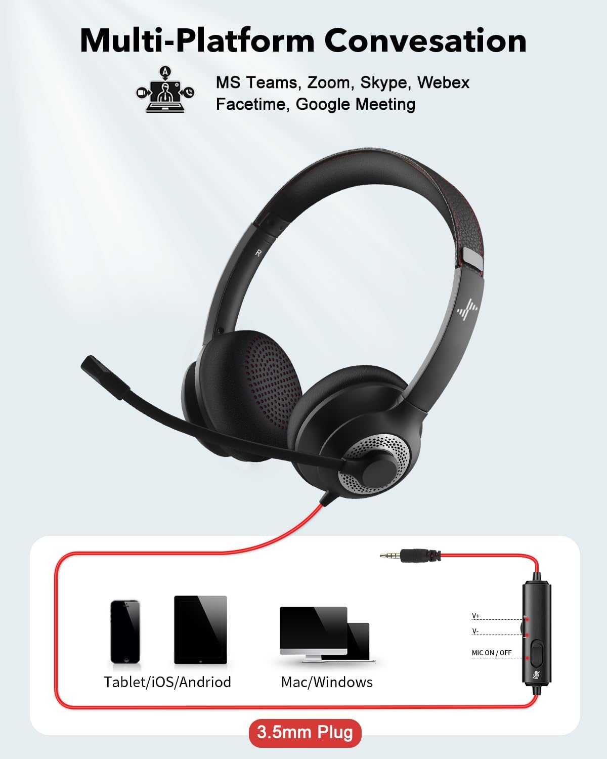 USB Headset with Mic for PC, On-Ear Computer Laptop Headphones with Noise Cancelling Microphone Control for Home Office Online Class Skype Zoom (3.5mm, Black)