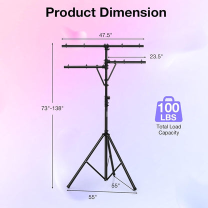 DJ Light Stand, Tripod Lighting Stand with 73""-138"" Adjustable Height, Portable T-bar Light Stand Stage Light Stand for Bar, Party & Banquet, TL35700