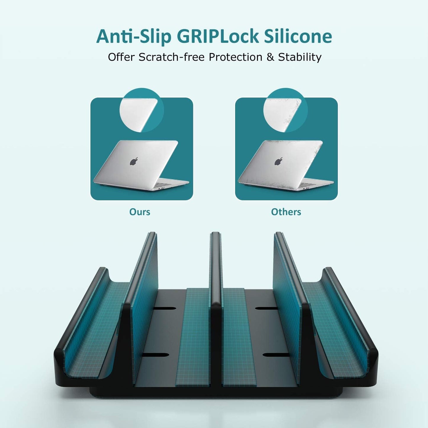 Vertical Laptop Stand - SPACEMax Adjustable GRIPLock Anti-Tip Silicone 4 Slots Aluminum Desktop Holder - Double Dock Stand - 2 Phone Slots Fits Up to 17.3” Laptops, Tablets, Phones - Black