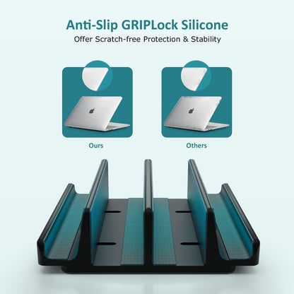Vertical Laptop Stand - SPACEMax Adjustable GRIPLock Anti-Tip Silicone 4 Slots Aluminum Desktop Holder - Double Dock Stand - 2 Phone Slots Fits Up to 17.3” Laptops, Tablets, Phones - Black