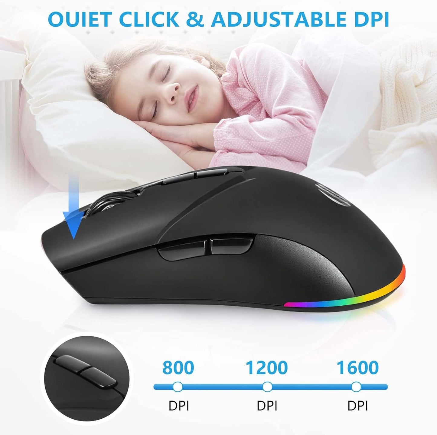 Wireless Bluetooth Mouse, 2.4G and Bluetooth 5.2 Ergonomic Rechargeable USB Optical Mouse, 3 Adjustment DPI， 1600 DPI Dual Mode Silent Wireless Mouse for Mac，Laptop, PC, Windows.(Black)