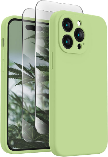FireNova for iPhone 14 Pro Case, Silicone Upgraded [Camera Protection] Phone Case with [2 Screen Protectors], Soft Anti-Scratch Microfiber Lining Inside, 6.1 inch, Tea Green