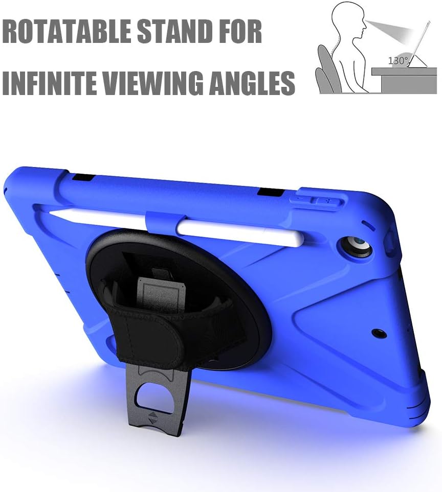 ZenRich Shockproof Case for iPad 9th/8th/7th Generation 10.2 inch 2021/2020/2019, Heavy Duty Rugged Case with Pencil Holder/360° Rotating Kickstand/Handle/Carrying Strap, Blue