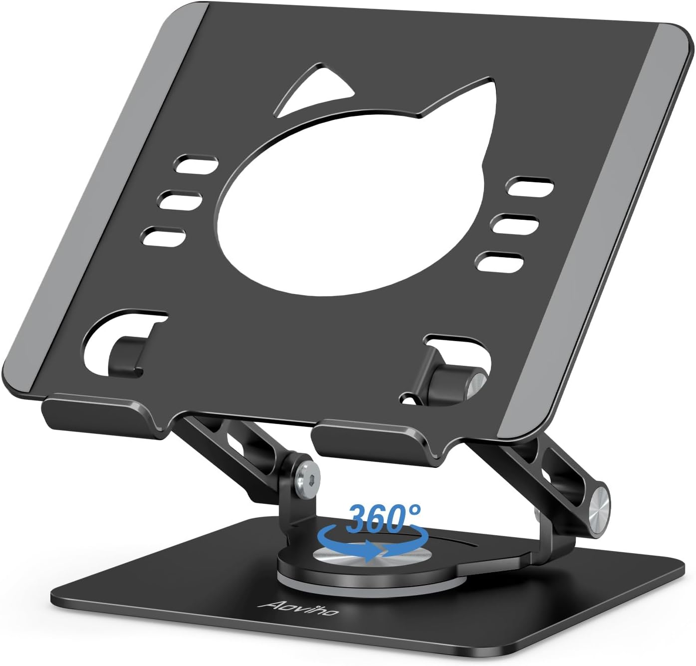 Tablet Stand 360° Rotating Aluminum Holder, Adjustable, Portable and Foldable Monitors Stand for iPads, Compatible with 4-12.9" Tablets, Ink Black
