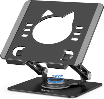 Tablet Stand 360° Rotating Aluminum Holder, Adjustable, Portable and Foldable Monitors Stand for iPads, Compatible with 4-12.9" Tablets, Ink Black