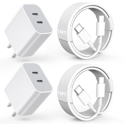 Charger for iPhone 16/15 Pro Max Charger Fast Charging, 2Pack 20W Dual Port USB C Fast Charger Block with 10FT Long USB C to C Charging Cable Cord for iPhone 15 Pro Max/15 Pro/15/15 Plus, iPad Pro/Air