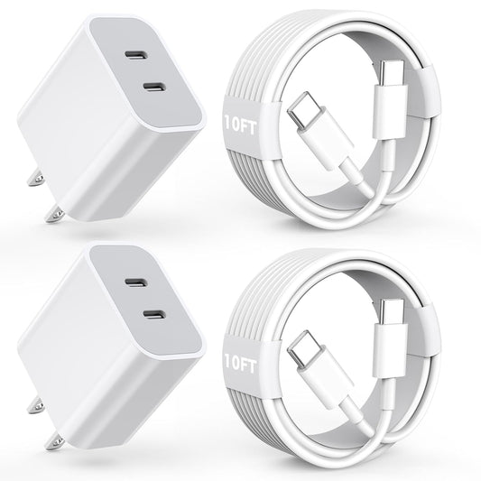 Charger for iPhone 16/15 Pro Max Charger Fast Charging, 2Pack 20W Dual Port USB C Fast Charger Block with 10FT Long USB C to C Charging Cable Cord for iPhone 15 Pro Max/15 Pro/15/15 Plus, iPad Pro/Air