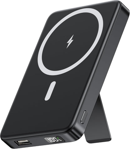 YUJE for Magsafe Battery Pack Magnetic Power Bank 10000mAh, Wireless Portable Charger with Foldable Stand Dual USB-C & USB-A Port Fast Charging Compatible with iPhone 16/15/14/13/12 Pro/Max/Plus