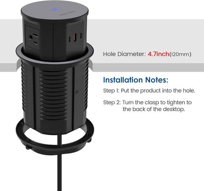 Pop up Outlet for Countertop with 15W Wireless Charger,65W USB C Charging Station,4 Outlets,2 USB C,USB A,Tamper Resistant Receptacle,4.7'' Hole Power Grommet,Office Power Supply,Black