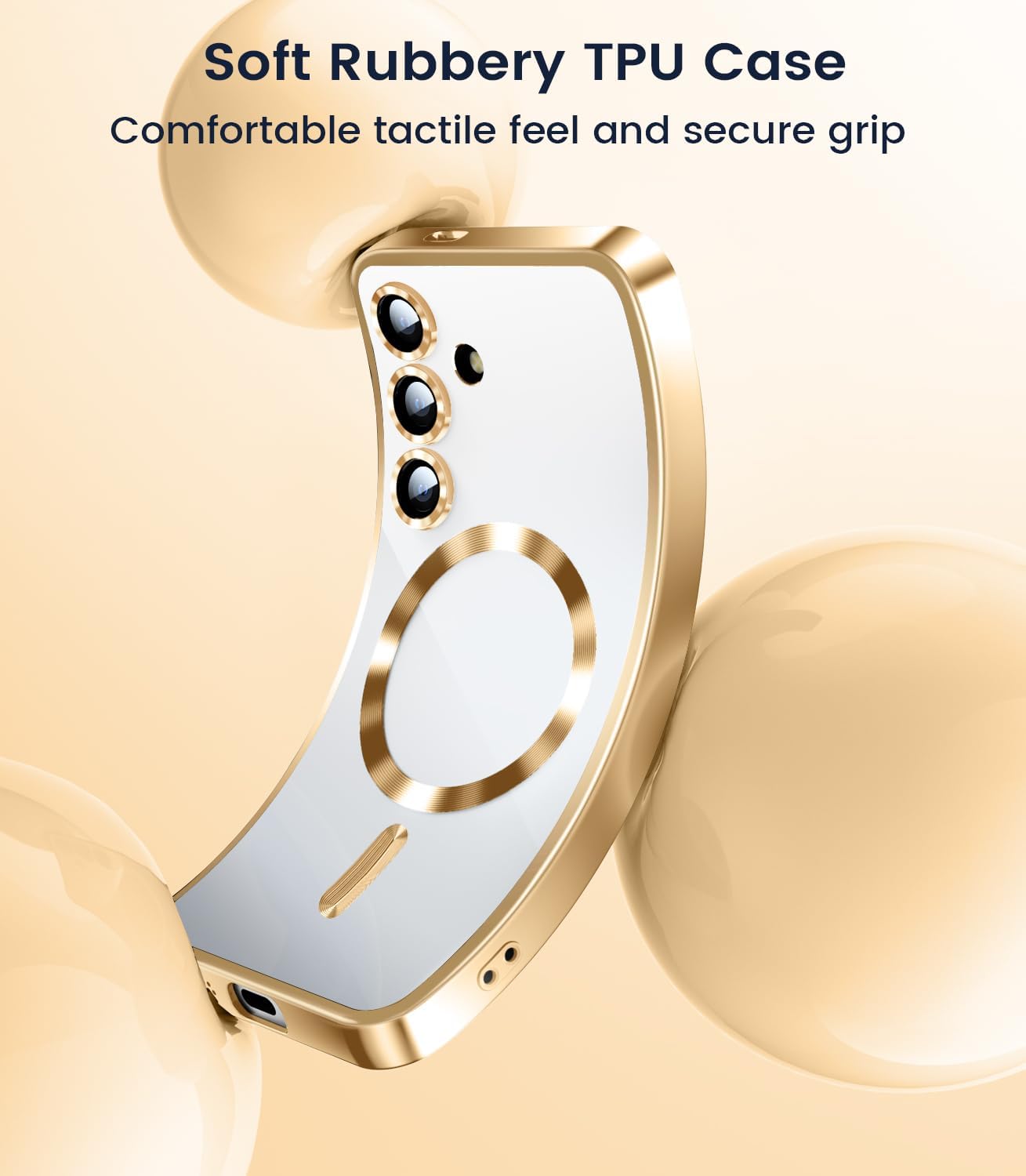 Slim Thin for Samsung Galaxy S25 Plus Case, Compatible with MagSafe, Built-in Camera Lens Protector, Shockproof Protective Phone Case, Soft Electroplated Clear Cover, Gold