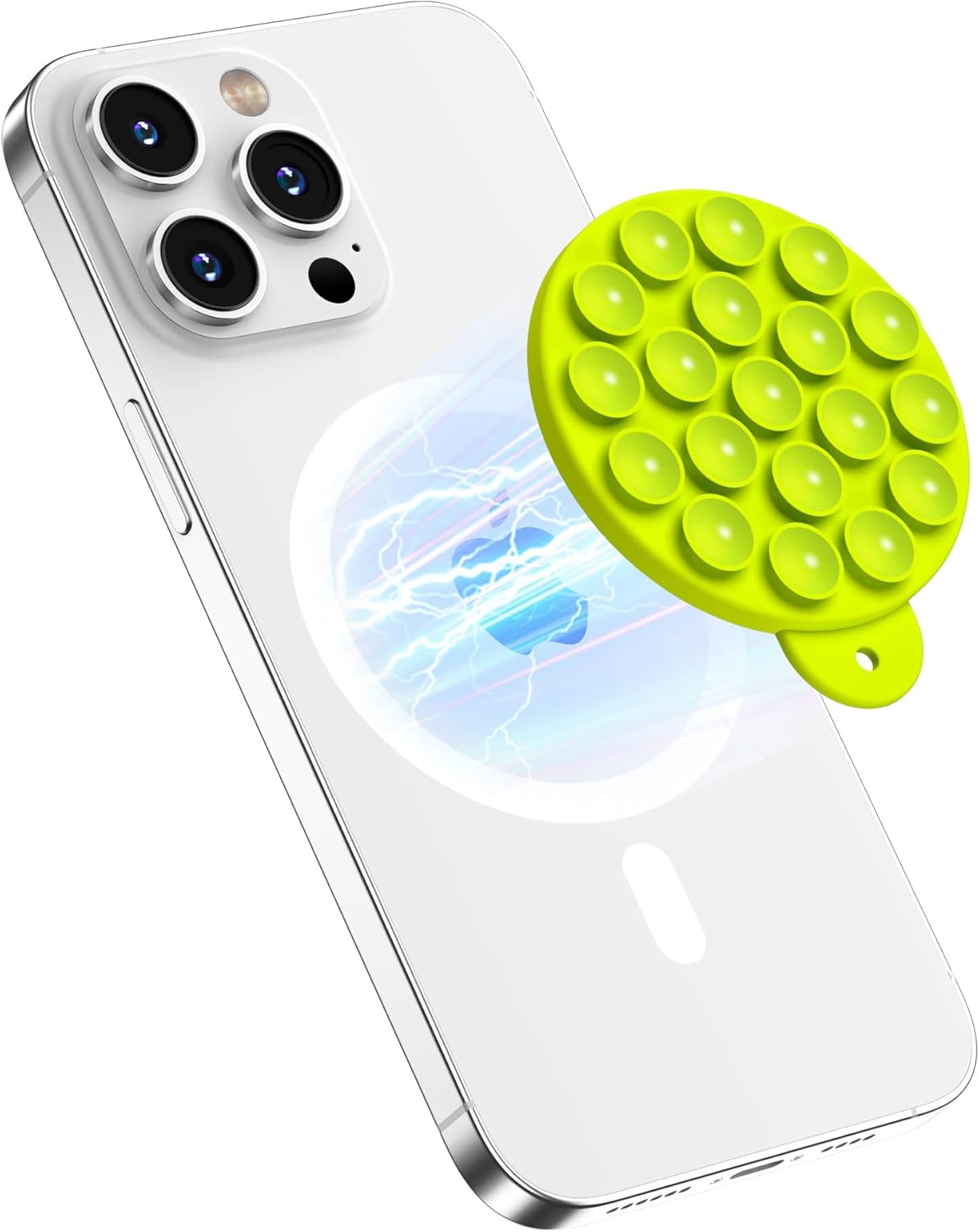 Magnetic Suction Cup Phone Mount for MagSafe Case, Silicone Hands-Free Grip Holder for iPhone and Android, Mirror Shower Phone Stand for Makeup FaceTime Gym Kitchen Bathroom, Neon Yellow