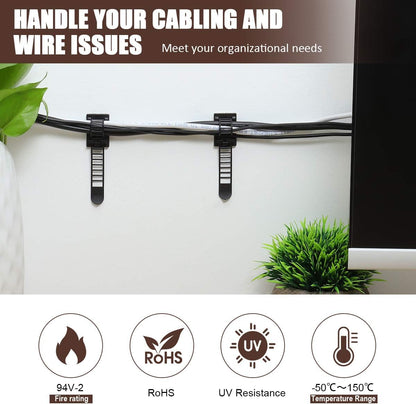 50Pcs Adjustable Adhesive Cable Management Clips, Nylon Cable Strap Ties Wire Clips Clamps Organizer with Strong Adhesive Tape, Extra Screw & Hole for Strong Fixation Home Office - 3.35 Inch Black