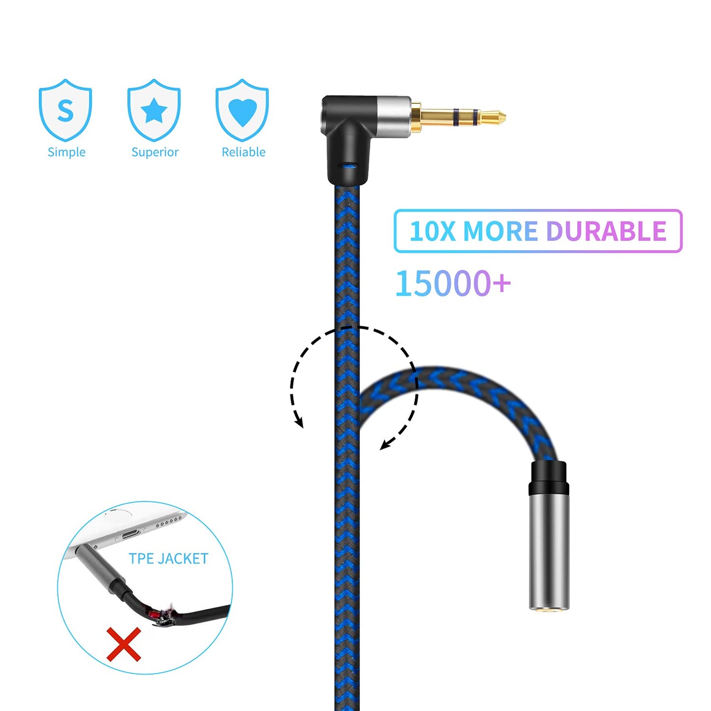 3.5mm Male to Female Extension Stereo Audio Extension Cable 15FT, Cotton-Braided Audio Extension Cable, Stereo Jack Cord for Phones, Headphones, Speakers, Tablets, PCs and More