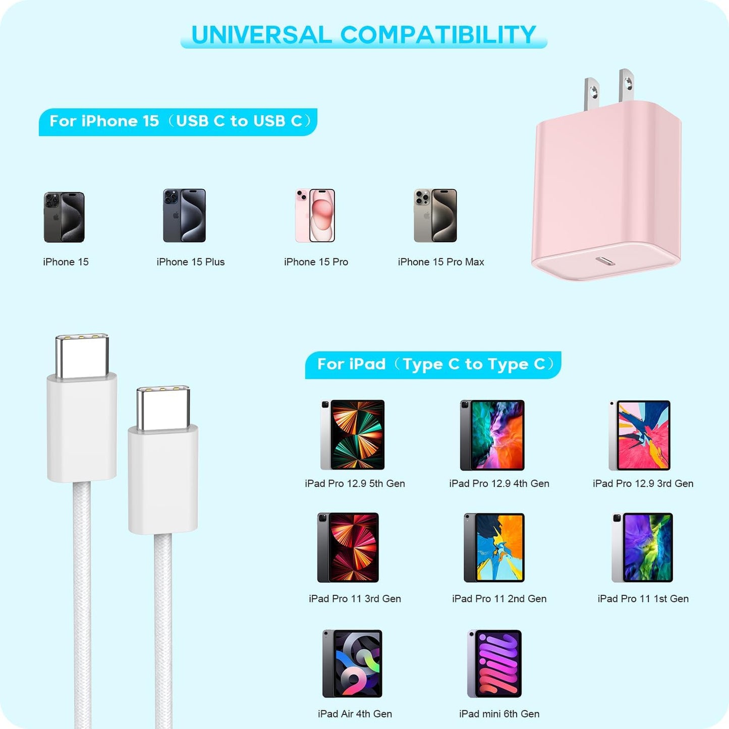 [Apple MFi Certified] iPhone 16 Pro Max Quick Charger,3Pack 20W USB C Wall Charger Block and 6 Feet USB C to USB C Fast Charging Cable for iPhone 16/16 Plus/Pro/Pro Max/iPhone 15/15 Pro Max/Plus(Pink)
