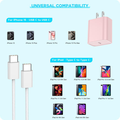 [Apple MFi Certified] iPhone 16 Pro Max Quick Charger,3Pack 20W USB C Wall Charger Block and 6 Feet USB C to USB C Fast Charging Cable for iPhone 16/16 Plus/Pro/Pro Max/iPhone 15/15 Pro Max/Plus(Pink)