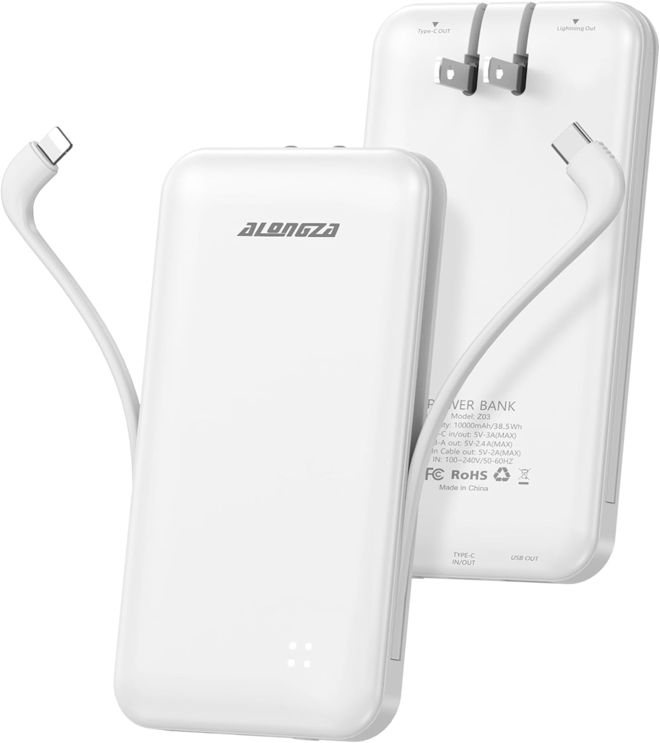 Alongza Portable Charger Built-in Cables and AC Wall Plug, Slim Fast Charging Power Bank 10000mAh, Lightweight USB C External Battery Pack Compact Travel Cell Phone Charger