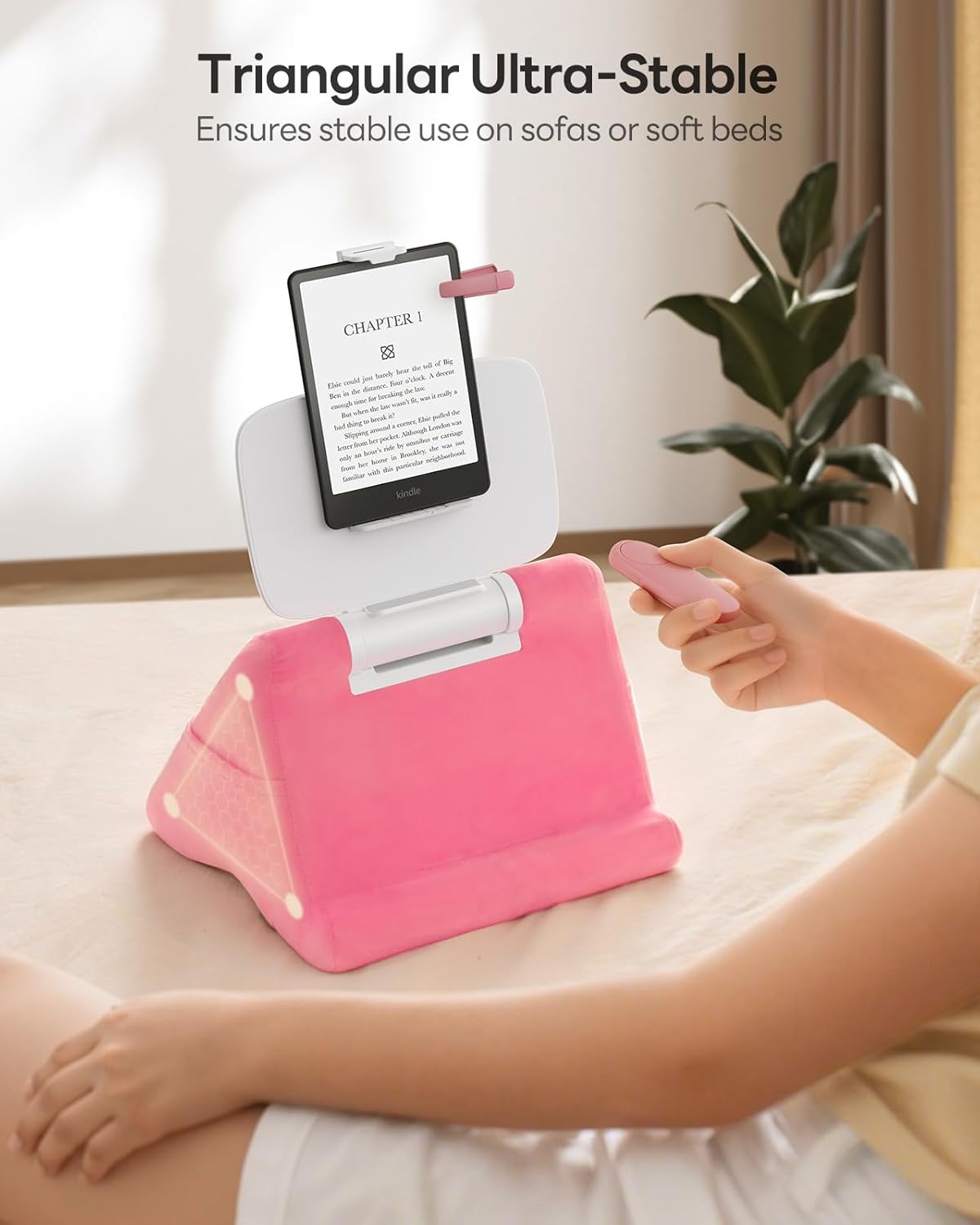 SAIJI Tablet Kindle Stand Pillow - iPad Holder for Lap Reading in Bed, with Lifter & Angle Adjustable Multi-Function Clip for 4-13" Tablets, iPad, Kindle, Phone, Pink