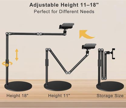 Overhead Phone Mount for Desk, 17" Long Arm Adjustable iPhone Holder, Heavy Duty Rotatable Stand for Video Recording, Live Streaming, Crafting, Cooking