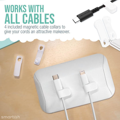 Smartish® Magnetic Cord Holder - Bigger Cable Wrangler Organizer with Magnet Clips for Charger Management on Desktop, Nightstand, or Side Table - Holds 6+ Cables - Snow Day White