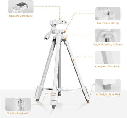 PHOPIK Extendable Tripod Stand - 55" Phone Tripod with 360 Panorama, Shutter-Video, 1/4" Mounting Screw for iPhone/Android/Sport Camera&Insta360 x5 - White