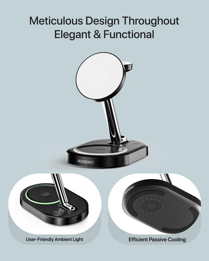 Charging Station for iPhone 16/16 Pro/16 Pro Max, Wireless Charger for MagSafe iPhones, 3 in 1 Magnetic Charger Stand for iPhone 16/15/14/13/12 Series, Apple Watch & AirPods.(Blk)