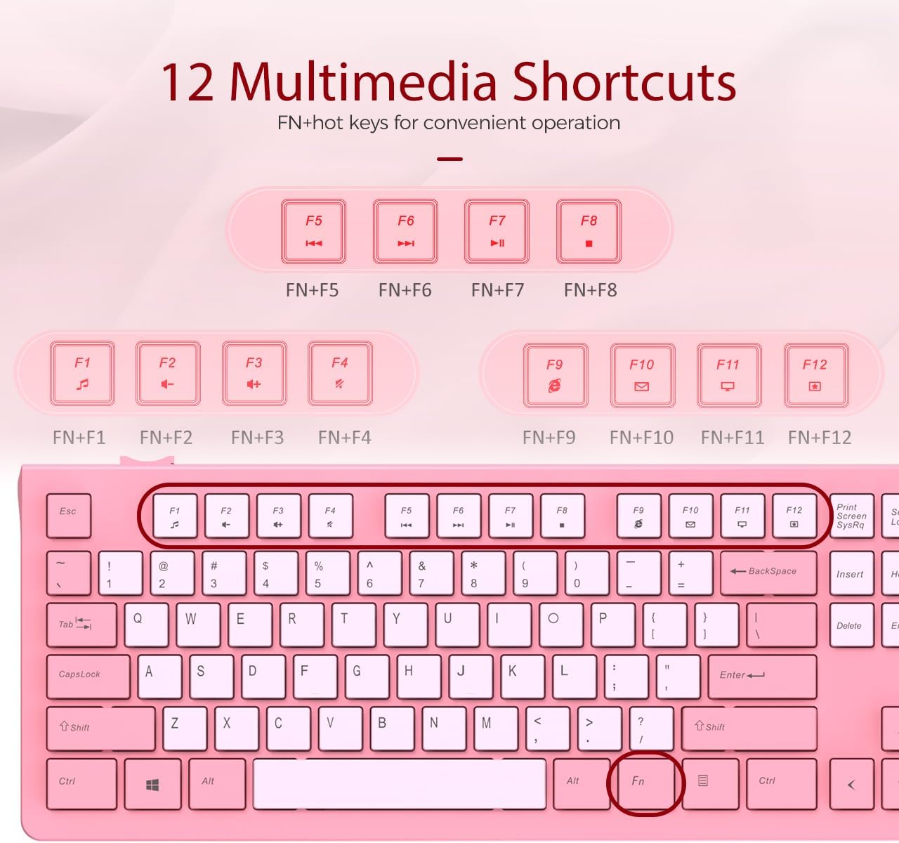 Computer Keyboard Wired, Plug Play USB Keyboard, Low Profile Chiclet Keys, Large Number Pad, Caps Indicators, Foldable Stands, Spill-Resistant, Anti-Wear Letters for PC Laptop (Rose Pink, 1-Pack)
