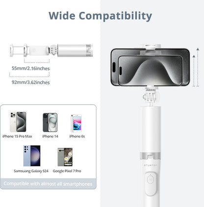 ATUMTEK 63" Phone Tripod, Extendable Selfie Stick Tripod with Bluetooth Remote, All-in-One Aluminum with Cold Shoe Mount for GoPro, 4"-7" iPhone and Android Smartphones, White