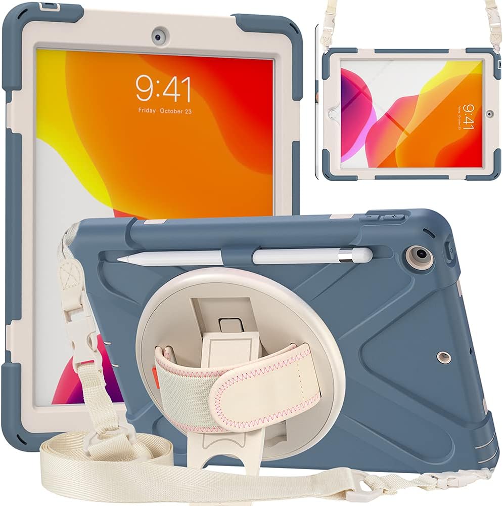 ZenRich Shockproof Case for iPad 9th/8th/7th Generation 10.2 inch 2021/2020/2019, Heavy Duty Rugged Case with Pencil Holder/360° Rotating Kickstand/Handle/Carrying Strap, CronflowerBlue