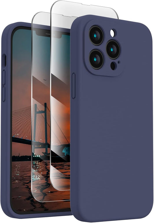 FireNova Designed for iPhone 13 Pro Max Case, Silicone [Camera Protection] Phone Case with [2 Screen Protectors], Soft Anti-Scratch Microfiber Lining Inside, 6.7 inch, Navy Blue