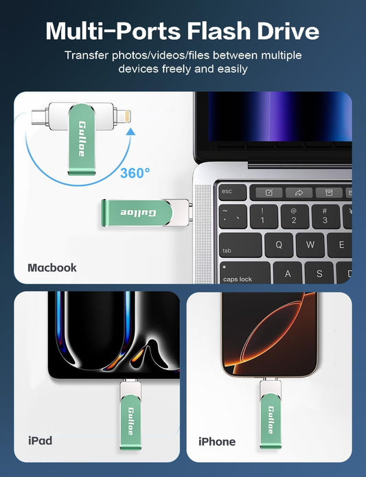 Gulloe 32GB Flash Drive Intended for iPhone, Memory Stick Storage for Photos and Videos Backup, Compatible with iPhone iPad Android PC, Plug and Play, No Application Required (Light Green)